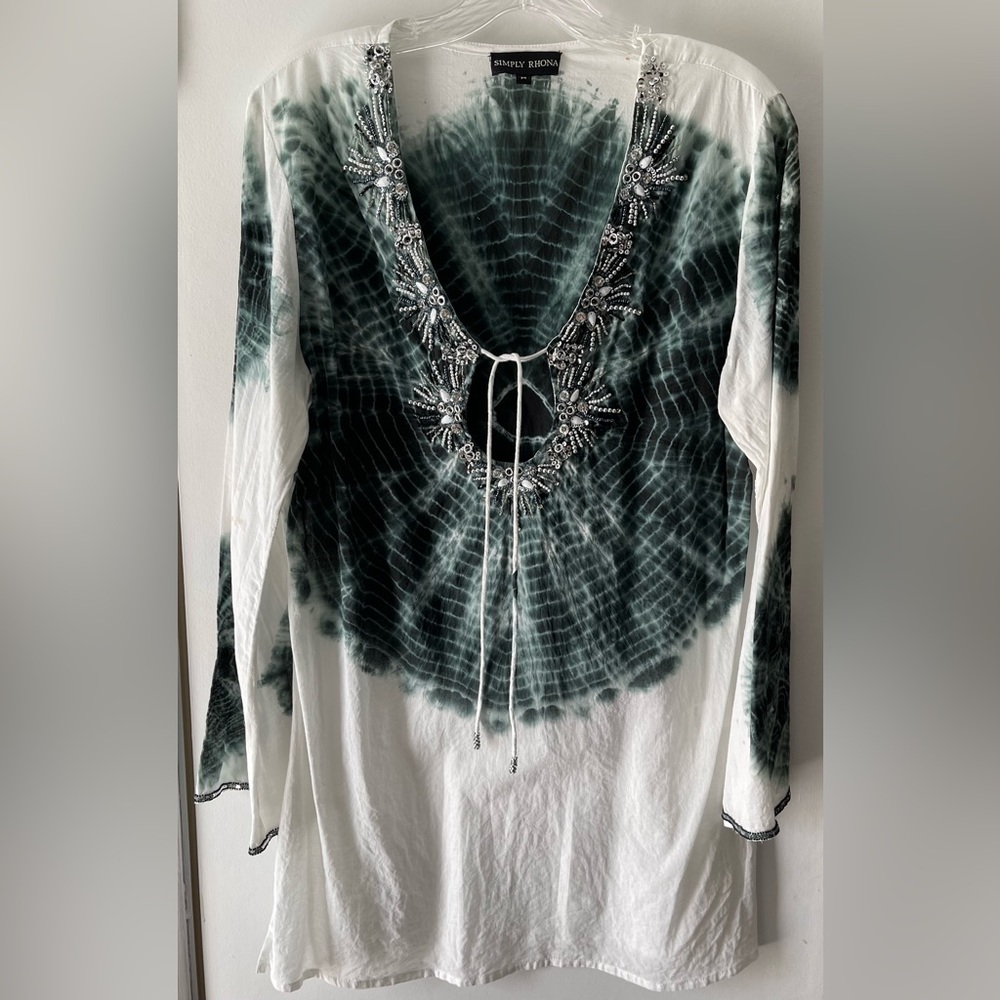 SIMPLY RHONA TIE DYE/BEADED WHITE TUNIC TOP/SWIM/BEACH COVER UP W/ TASSEL - SZ M